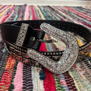 Rare Vintage Nadim USA Black Leather Studded Rhinestone 80s 90s Western Belt 38